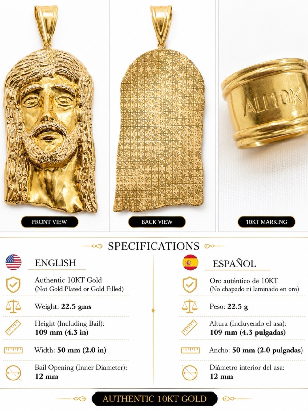 10KT Gold Jesus Head Pendant - Yellow Gold